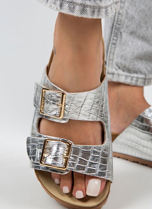 Manijero Croco Kadın Hakiki Deri Çift Tokalı Crocodile Gümüş Terlik - Görsel 5