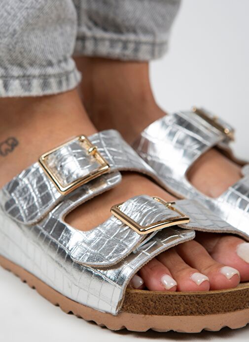 Manijero Croco Kadın Hakiki Deri Çift Tokalı Crocodile Gümüş Terlik - Görsel 2