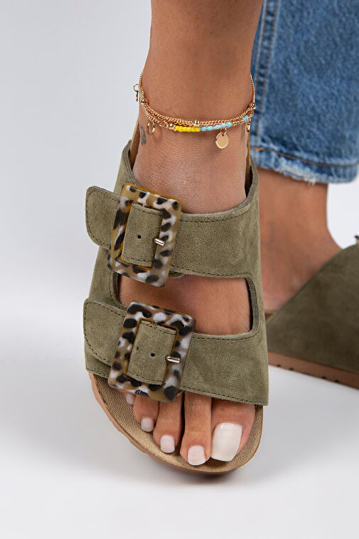 Manijero Alona Kadın Hakiki Deri Çift Tokalı Su Yeşili Terlik - Görsel 2