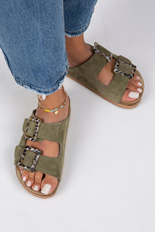 Manijero Alona Kadın Hakiki Deri Çift Tokalı Su Yeşili Terlik - Görsel 6