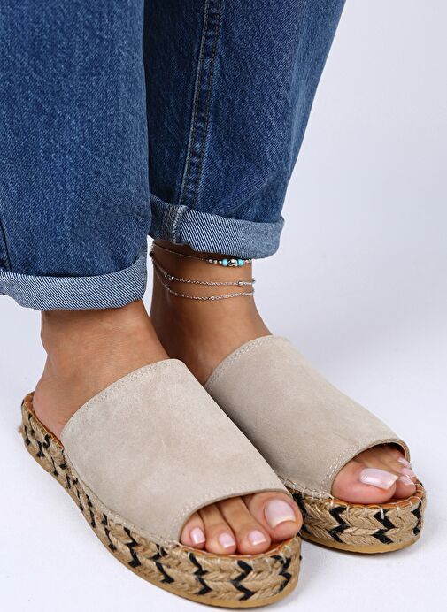 Manijero Galena Hakiki Deri Önü Açık Tek Bant Bej Terlik - Görsel 3