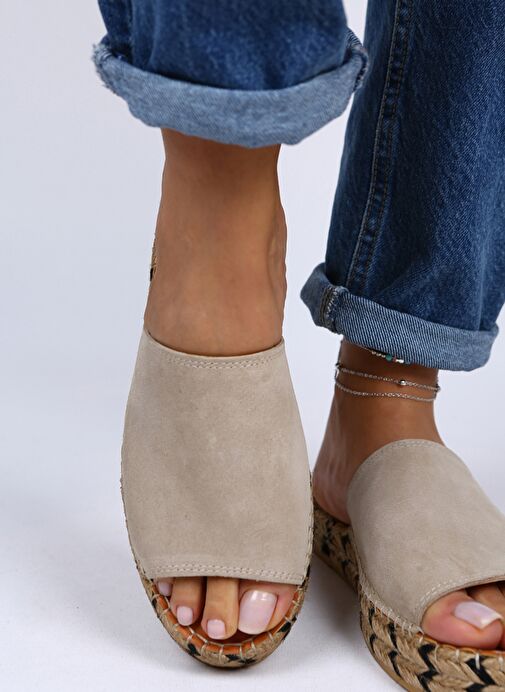 Manijero Galena Hakiki Deri Önü Açık Tek Bant Bej Terlik - Görsel 4