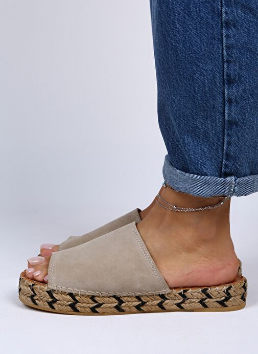 Manijero Galena Hakiki Deri Önü Açık Tek Bant Bej Terlik - Görsel 5