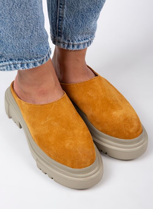 Manijero Edna Kadın Hakiki Deri Bağcıksız Hardal - Süet Terlik - Görsel 3