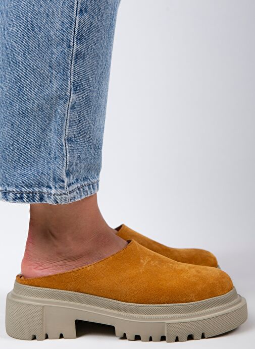 Manijero Edna Kadın Hakiki Deri Bağcıksız Hardal - Süet Terlik - Görsel 2