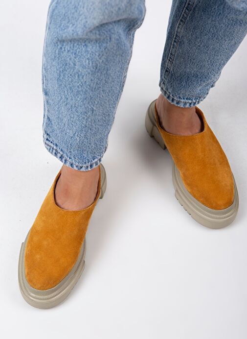 Manijero Edna Kadın Hakiki Deri Bağcıksız Hardal - Süet Terlik - Görsel 8