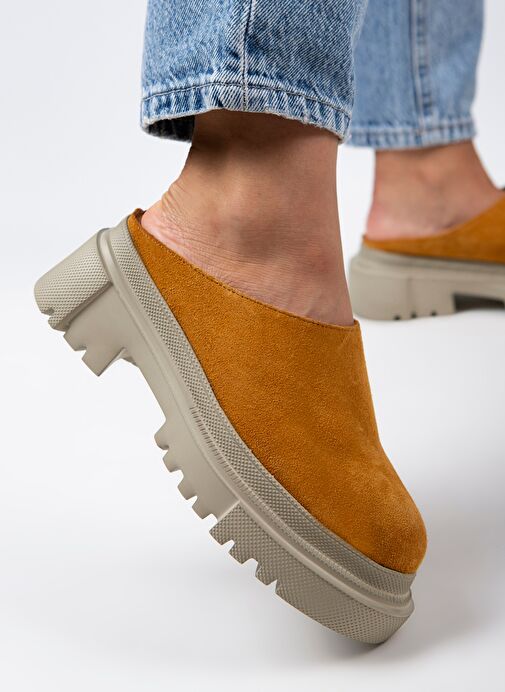 Manijero Edna Kadın Hakiki Deri Bağcıksız Hardal - Süet Terlik - Görsel 6