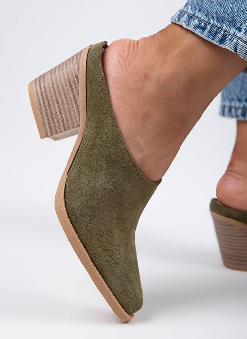 Manijero Stella Kadın Hakiki Deri Western Çağla Yeşili - Süet Terlik - Görsel 2