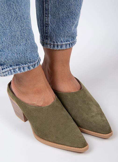 Manijero Stella Kadın Hakiki Deri Western Çağla Yeşili - Süet Terlik - Görsel 5