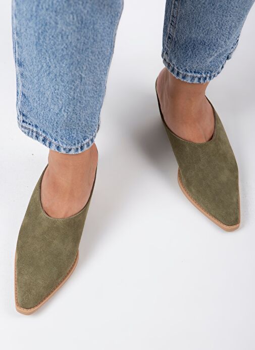 Manijero Stella Kadın Hakiki Deri Western Çağla Yeşili - Süet Terlik - Görsel 3