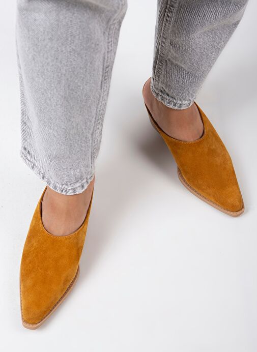 Manijero Stella Kadın Hakiki Deri Western Hardal - Süet Terlik - Görsel 8