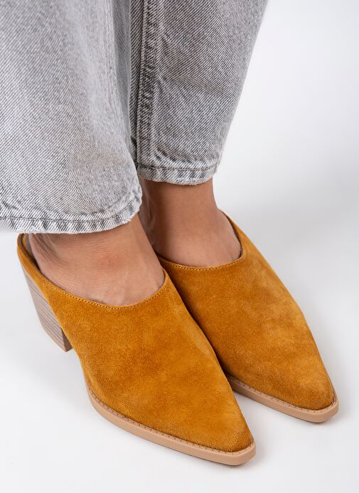 Manijero Stella Kadın Hakiki Deri Western Hardal - Süet Terlik - Görsel 3