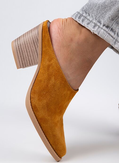 Manijero Stella Kadın Hakiki Deri Western Hardal - Süet Terlik - Görsel 7