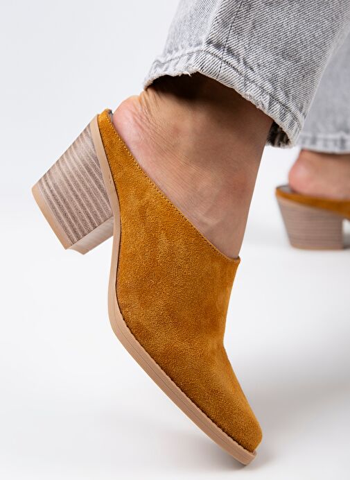 Manijero Stella Kadın Hakiki Deri Western Hardal - Süet Terlik - Görsel 6