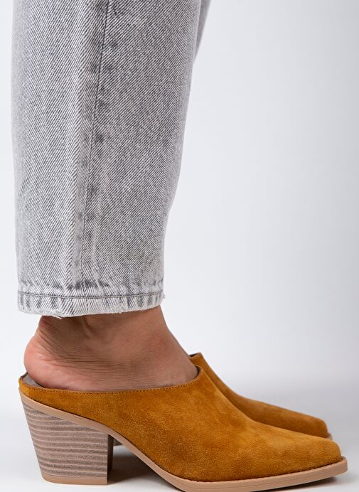 Manijero Stella Kadın Hakiki Deri Western Hardal - Süet Terlik - Görsel 2