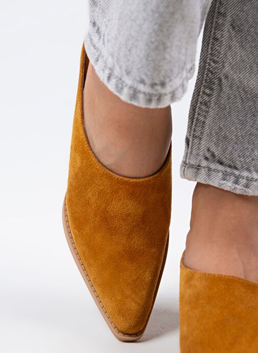 Manijero Stella Kadın Hakiki Deri Western Hardal - Süet Terlik - Görsel 5