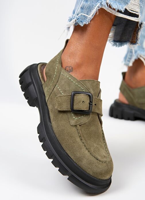 Manijero Rayne Kadın Hakiki Deri Tokalı Kemerli Su Yeşili Süet Sandalet - Görsel 5