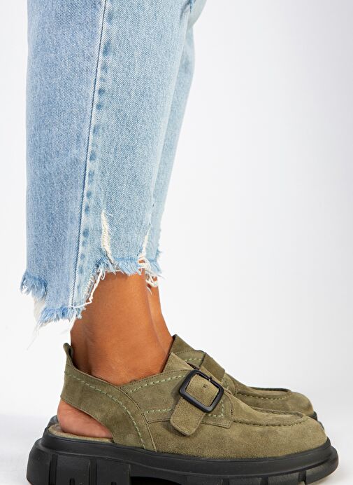 Manijero Rayne Kadın Hakiki Deri Tokalı Kemerli Su Yeşili Süet Sandalet - Görsel 2