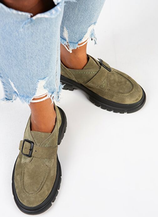 Manijero Rayne Kadın Hakiki Deri Tokalı Kemerli Su Yeşili Süet Sandalet - Görsel 8