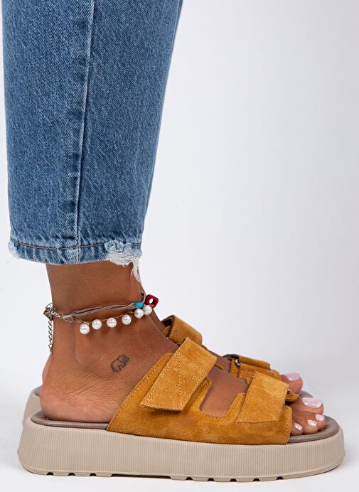 Manijero Farah Kadın Hakiki Deri Çift Cırtlı Koyu Hardal Terlik - Görsel 3