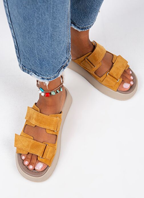 Manijero Farah Kadın Hakiki Deri Çift Cırtlı Koyu Hardal Terlik - Görsel 2