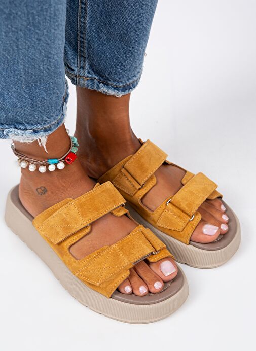 Manijero Farah Kadın Hakiki Deri Çift Cırtlı Koyu Hardal Terlik - Görsel 4