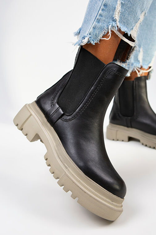 Manijero Emma Kadın Hakiki Deri Çift Taraf Lastikli Siyah Bej Bot - Görsel 5