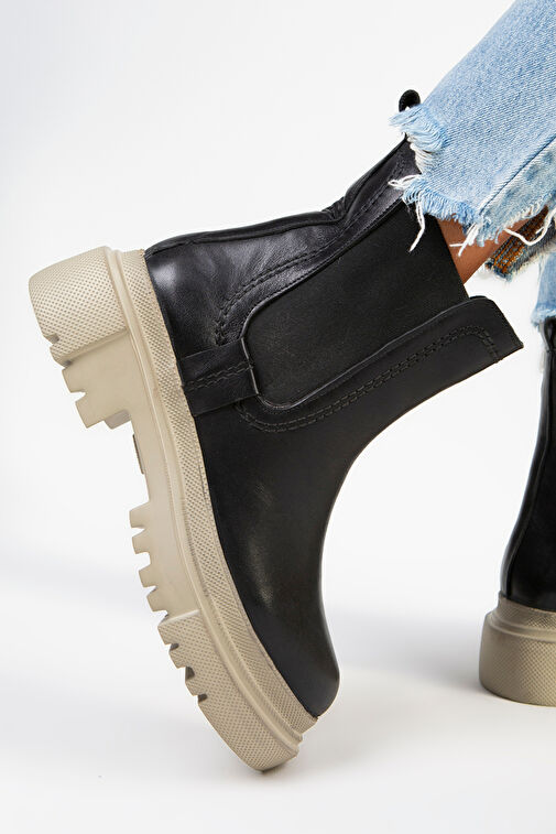 Manijero Emma Kadın Hakiki Deri Çift Taraf Lastikli Siyah Bej Bot - Görsel 6