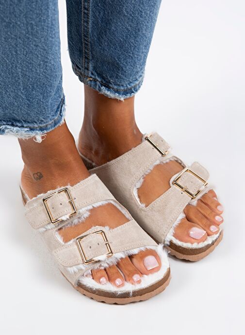 Manijero Anjelic Kürklü Kadın Hakiki Deri Çift Tokalı Kürklü Bej Süet Terlik - Görsel 2