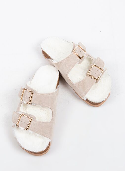 Manijero Anjelic Kürklü Kadın Hakiki Deri Çift Tokalı Kürklü Bej Süet Terlik - Görsel 7