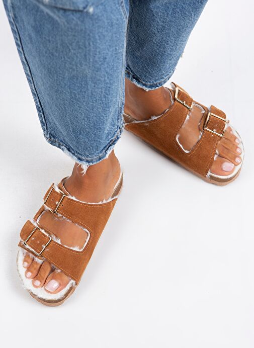 Manijero Anjelic Kürklü Kadın Hakiki Deri Çift Tokalı Kürklü Taba Süet Terlik - Görsel 6