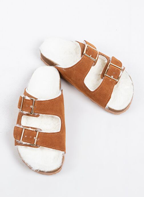 Manijero Anjelic Kürklü Kadın Hakiki Deri Çift Tokalı Kürklü Taba Süet Terlik - Görsel 7