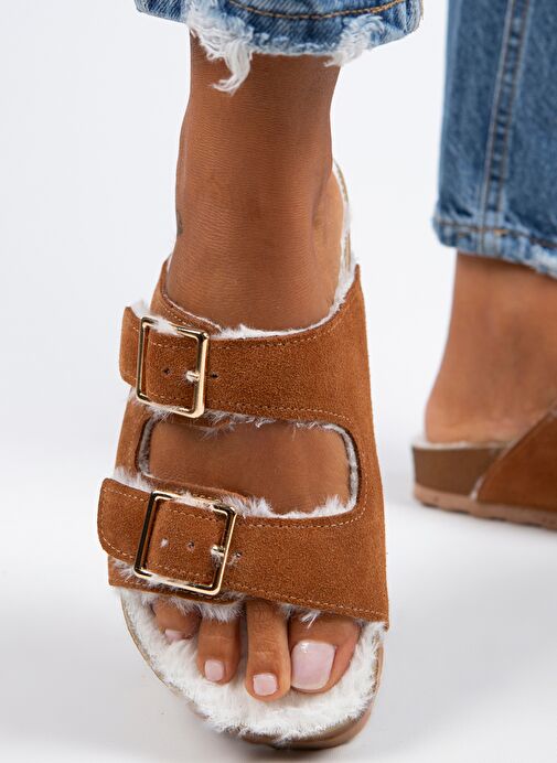 Manijero Anjelic Kürklü Kadın Hakiki Deri Çift Tokalı Kürklü Taba Süet Terlik - Görsel 5