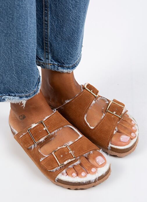 Manijero Anjelic Kürklü Kadın Hakiki Deri Çift Tokalı Kürklü Taba Süet Terlik - Görsel 2