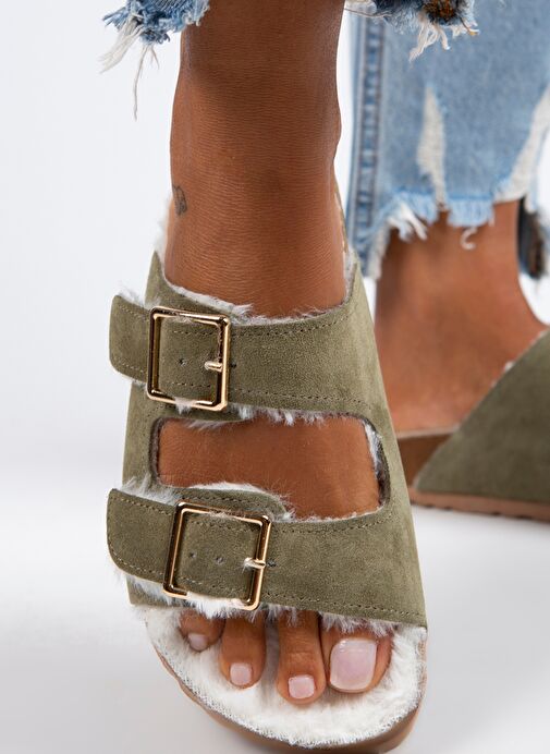 Manijero Anjelic Kürklü Kadın Hakiki Deri Çift Tokalı Kürklü Haki Süet Terlik - Görsel 2