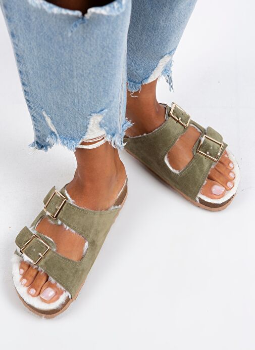 Manijero Anjelic Kürklü Kadın Hakiki Deri Çift Tokalı Kürklü Haki Süet Terlik - Görsel 6