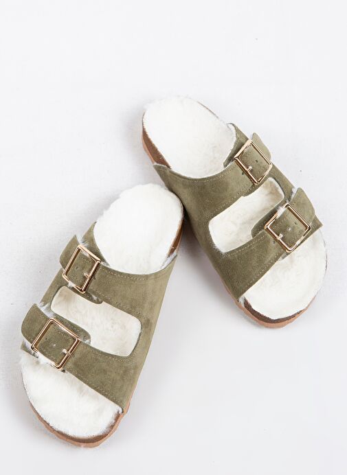 Manijero Anjelic Kürklü Kadın Hakiki Deri Çift Tokalı Kürklü Haki Süet Terlik - Görsel 7