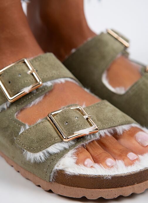 Manijero Anjelic Kürklü Kadın Hakiki Deri Çift Tokalı Kürklü Haki Süet Terlik - Görsel 5