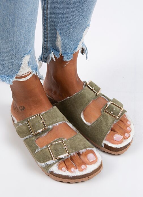 Manijero Anjelic Kürklü Kadın Hakiki Deri Çift Tokalı Kürklü Haki Süet Terlik - Görsel 4