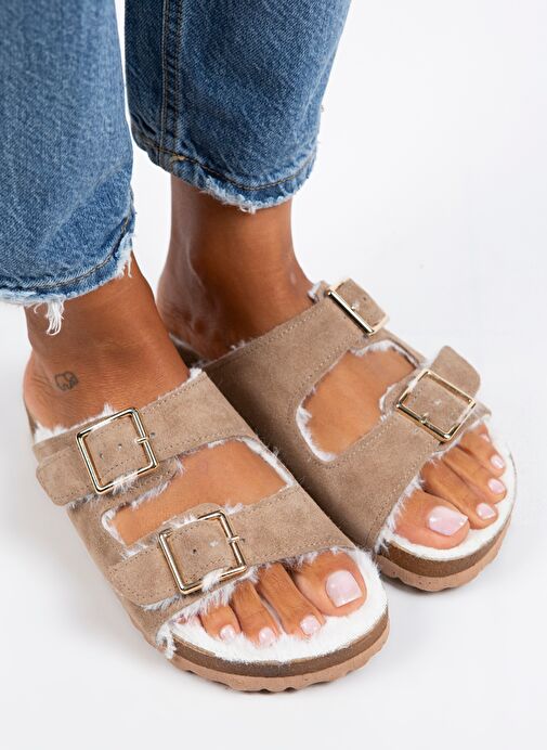 Manijero Anjelic Kürklü Kadın Hakiki Deri Çift Tokalı Kürklü Vizon Süet Terlik - Görsel 4