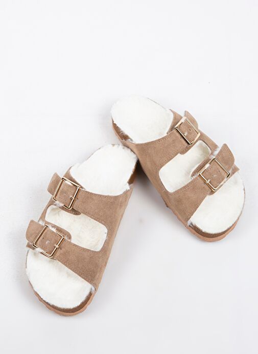 Manijero Anjelic Kürklü Kadın Hakiki Deri Çift Tokalı Kürklü Vizon Süet Terlik - Görsel 7