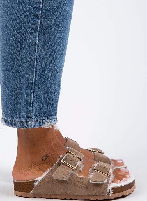 Manijero Anjelic Kürklü Kadın Hakiki Deri Çift Tokalı Kürklü Vizon Süet Terlik - Görsel 3