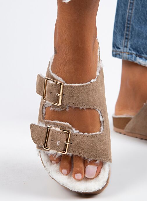 Manijero Anjelic Kürklü Kadın Hakiki Deri Çift Tokalı Kürklü Vizon Süet Terlik - Görsel 2