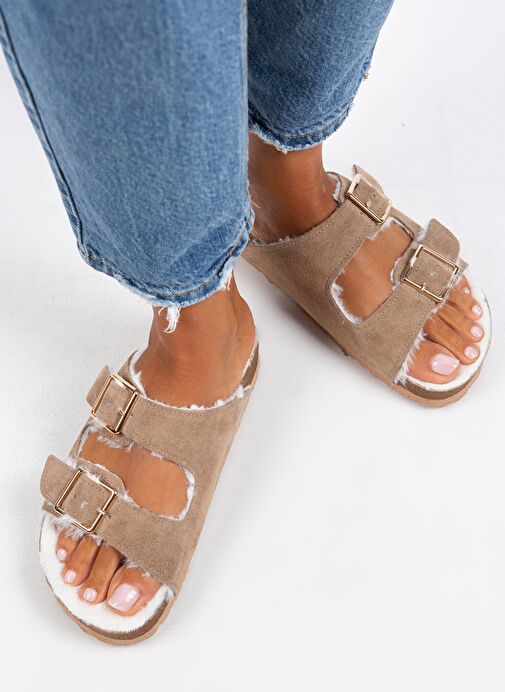 Manijero Anjelic Kürklü Kadın Hakiki Deri Çift Tokalı Kürklü Vizon Süet Terlik - Görsel 6