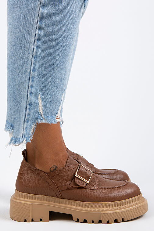 Manijero Gloria Kadın Hakiki Deri Loafer Kemerli Tokalı Taba Ayakkabı - Görsel 2