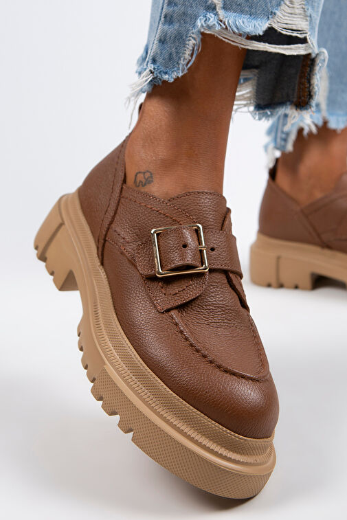 Manijero Gloria Kadın Hakiki Deri Loafer Kemerli Tokalı Taba Ayakkabı - Görsel 5