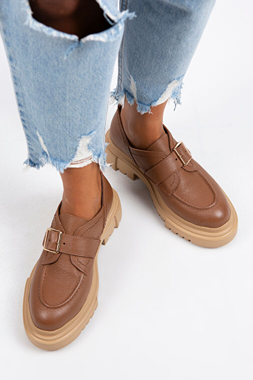 Manijero Gloria Kadın Hakiki Deri Loafer Kemerli Tokalı Taba Ayakkabı - Görsel 7