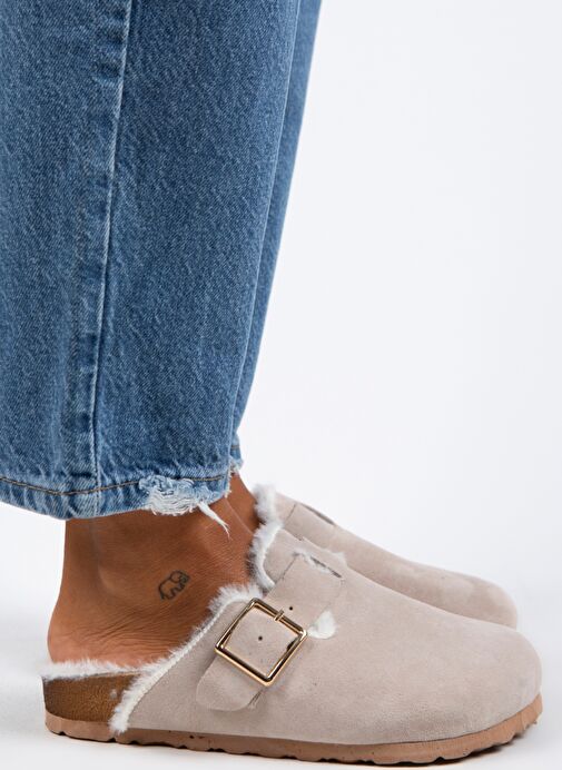 Manijero Bej Kadın Süet - Kürklü Terlik MNJ.098.02 - Görsel 2