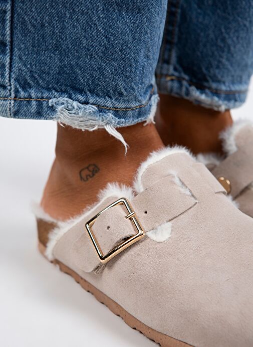Manijero Bej Kadın Süet - Kürklü Terlik MNJ.098.02 - Görsel 4