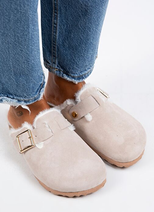 Manijero Bej Kadın Süet - Kürklü Terlik MNJ.098.02 - Görsel 3